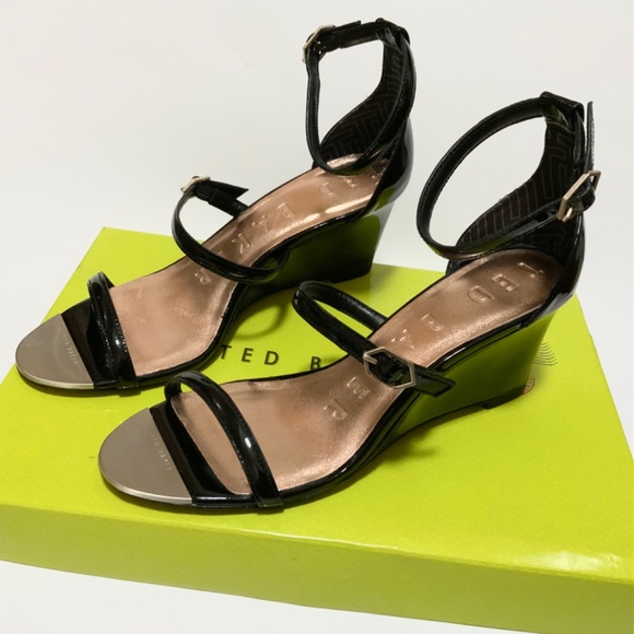 TED BAKER Weliin Black Patent Leather Wedge Sandal Ankle Strap Heels Pumps Shoes - Picture 11 of 13
